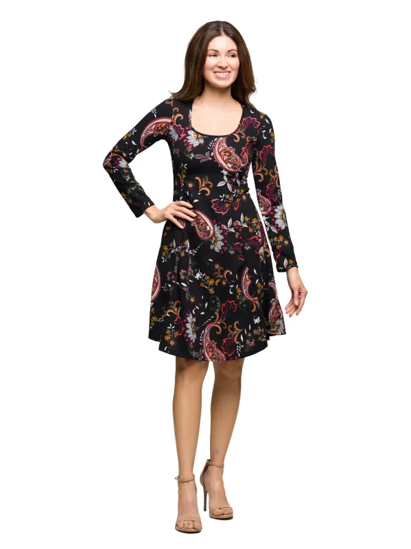 24seven Comfort Apparel Black Paisley Print Long Sleeve Fit and Flare Dress sold by 24/7 Comfort Apparel