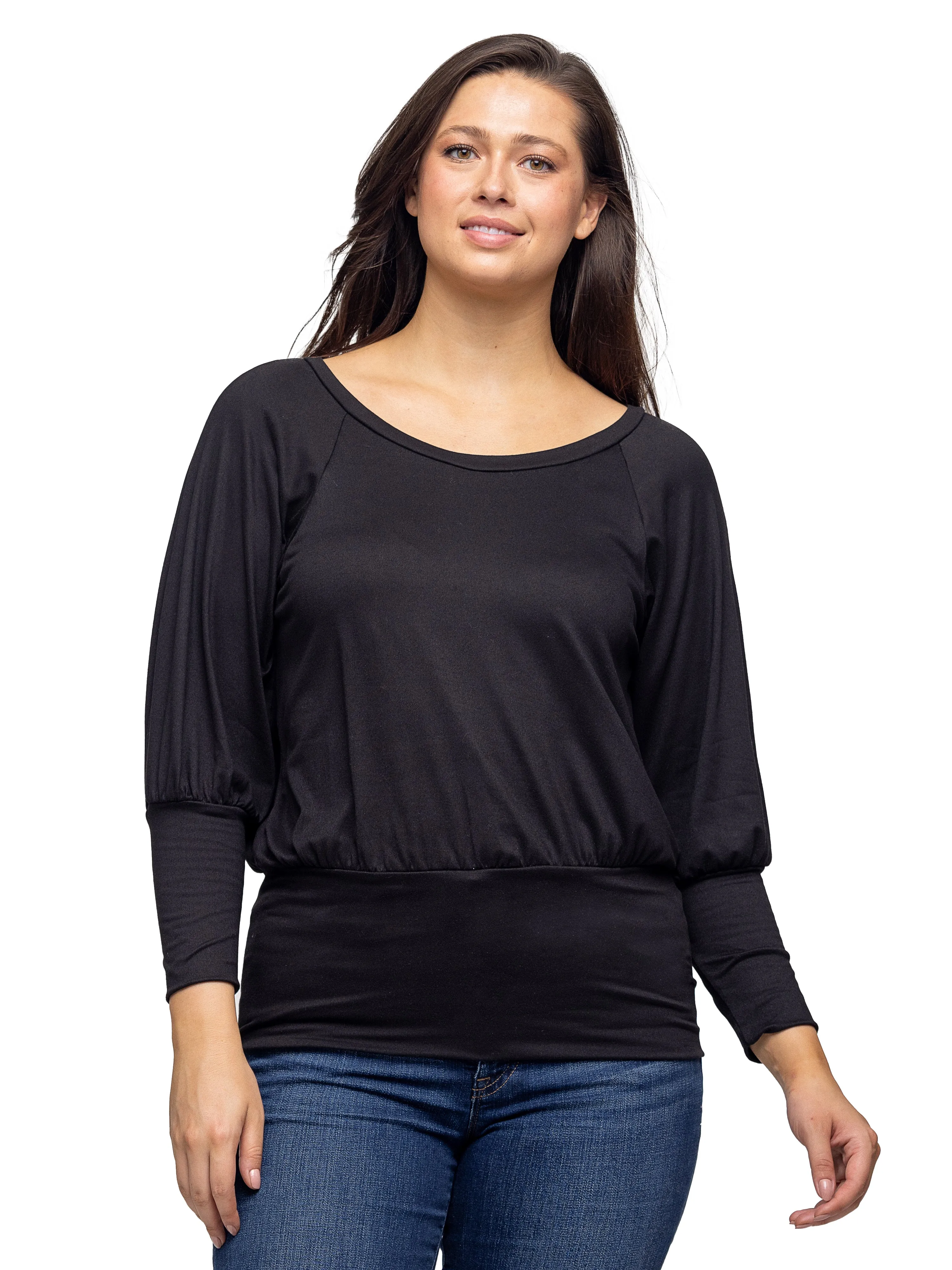 24seven Comfort Apparel Round Neck Long Blouson Sleeve Banded Bottom Top sold by 24/7 Comfort Apparel