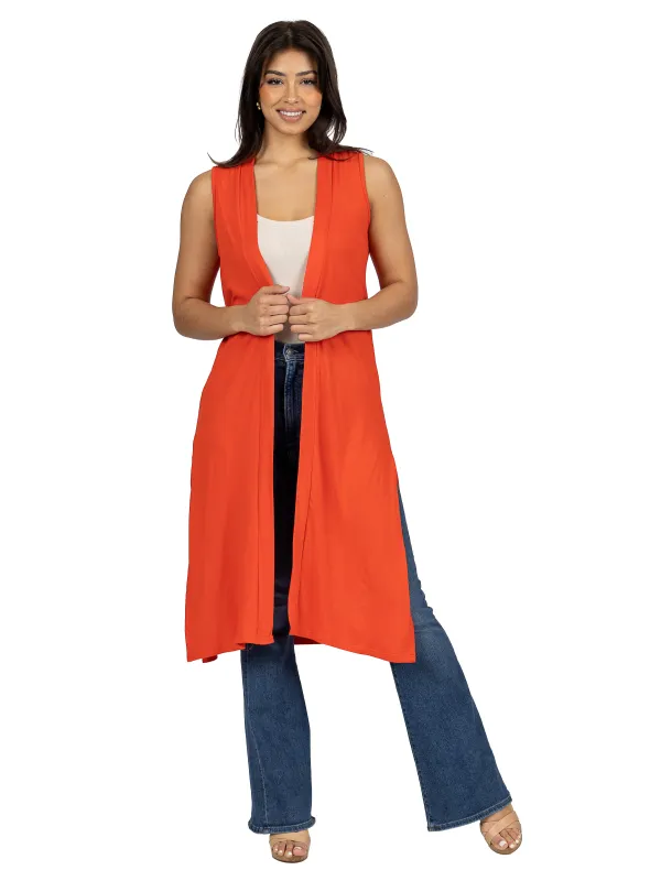 24seven Comfort Apparel Sleeveless Long Cardigan Vest with Side Slit sold by 24/7 Comfort Apparel