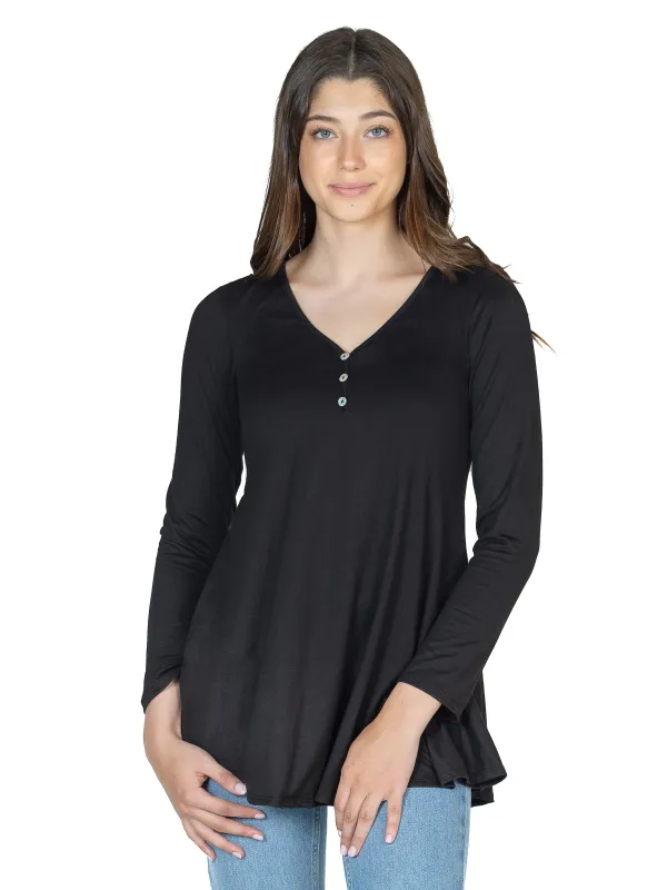 24seven Comfort Apparel Flared Long Sleeve Henley Tunic Top sold by 24/7 Comfort Apparel