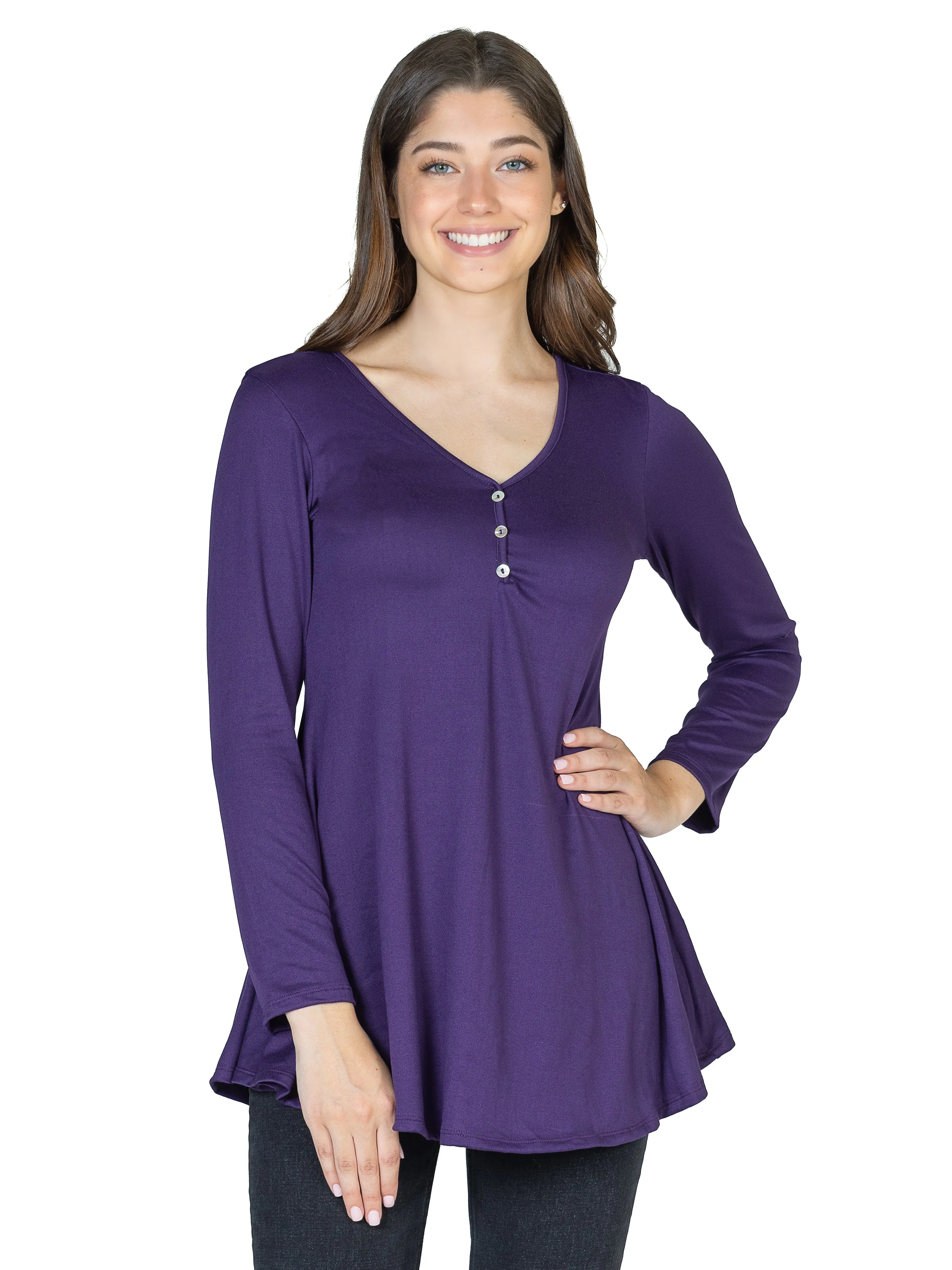 24seven Comfort Apparel Flared Long Sleeve Henley Tunic Top sold by 24/7 Comfort Apparel product image thumbnail 2