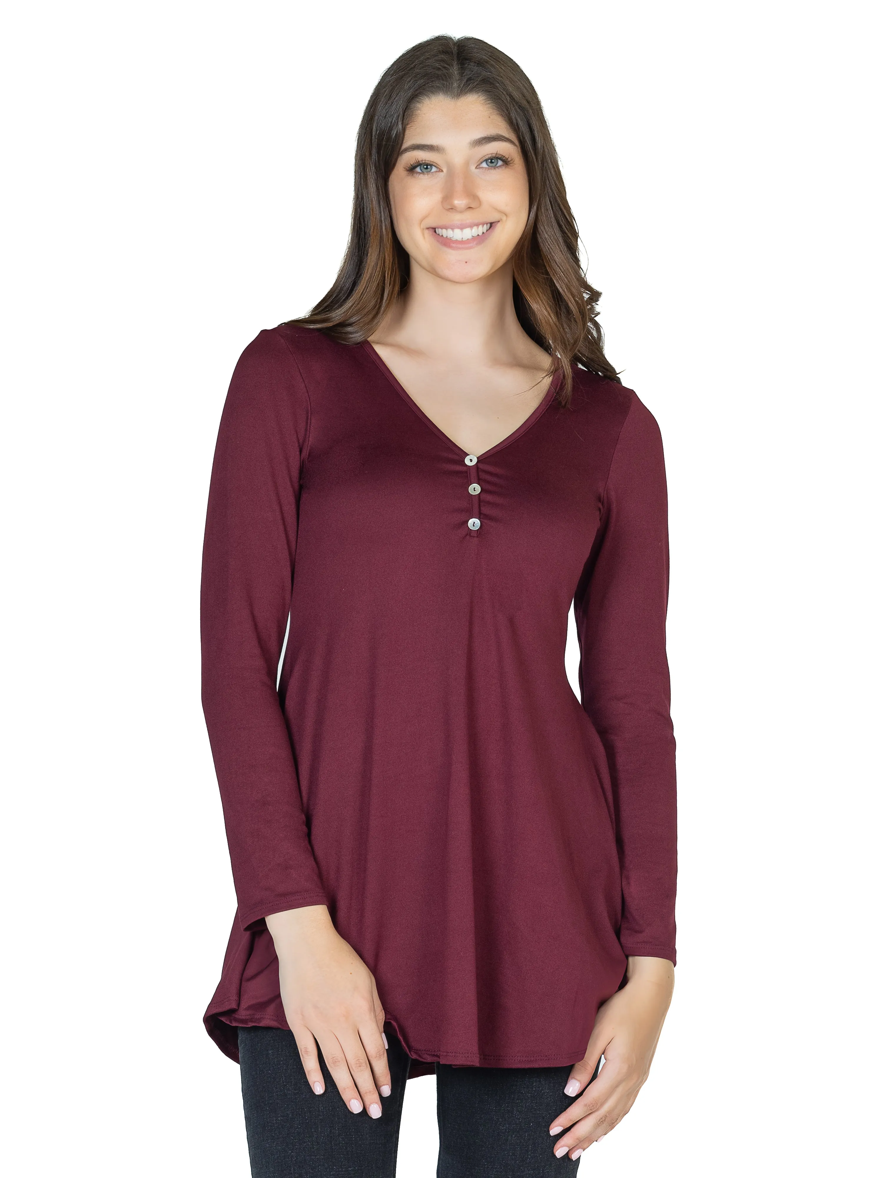 24seven Comfort Apparel Flared Long Sleeve Henley Tunic Top sold by 24/7 Comfort Apparel product image thumbnail 3