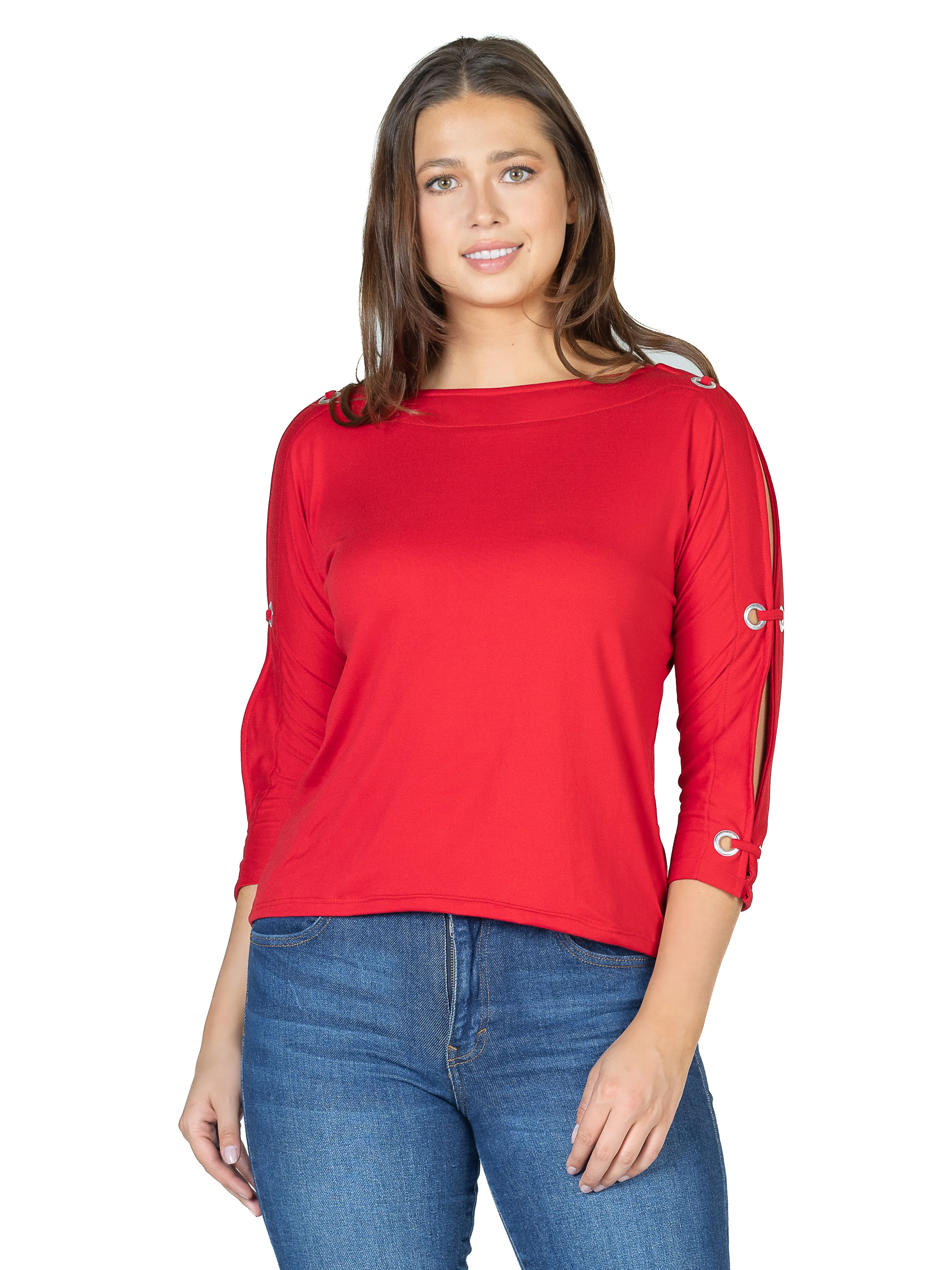 24seven Comfort Apparel Three Quarter Sleeve Boatneck Cold Shoulder Top with Grommet Detail sold by 24/7 Comfort Apparel product image thumbnail 3