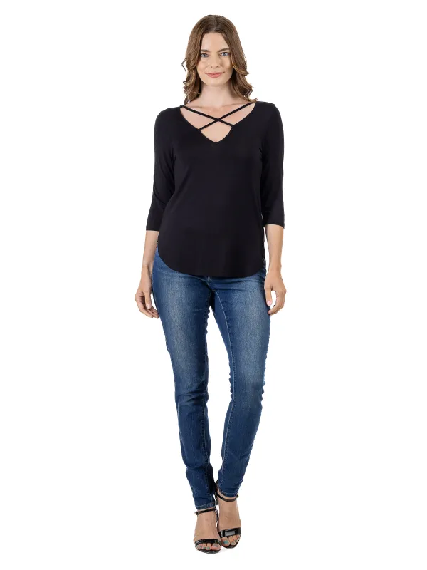 24seven Comfort Apparel Criss Cross Round Hemline Tunic Top sold by 24/7 Comfort Apparel