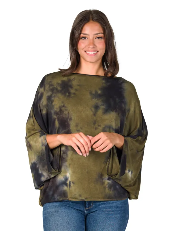 24seven Comfort Apparel Green Tie Dye Batwing Sleeve Relaxed Fit Top sold by 24/7 Comfort Apparel