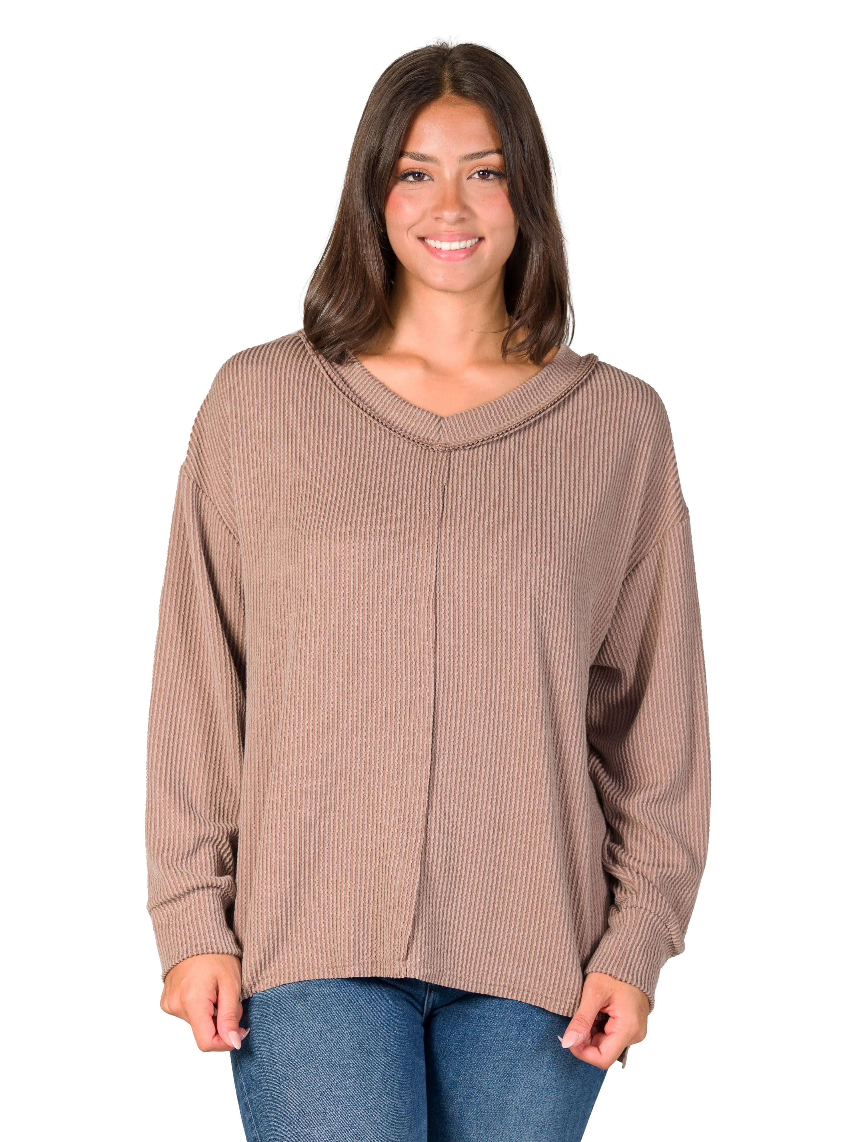 24seven Comfort Apparel Relaxed Fit Ribbed Knit V Neck Sweater Top sold by 24/7 Comfort Apparel product image thumbnail 3