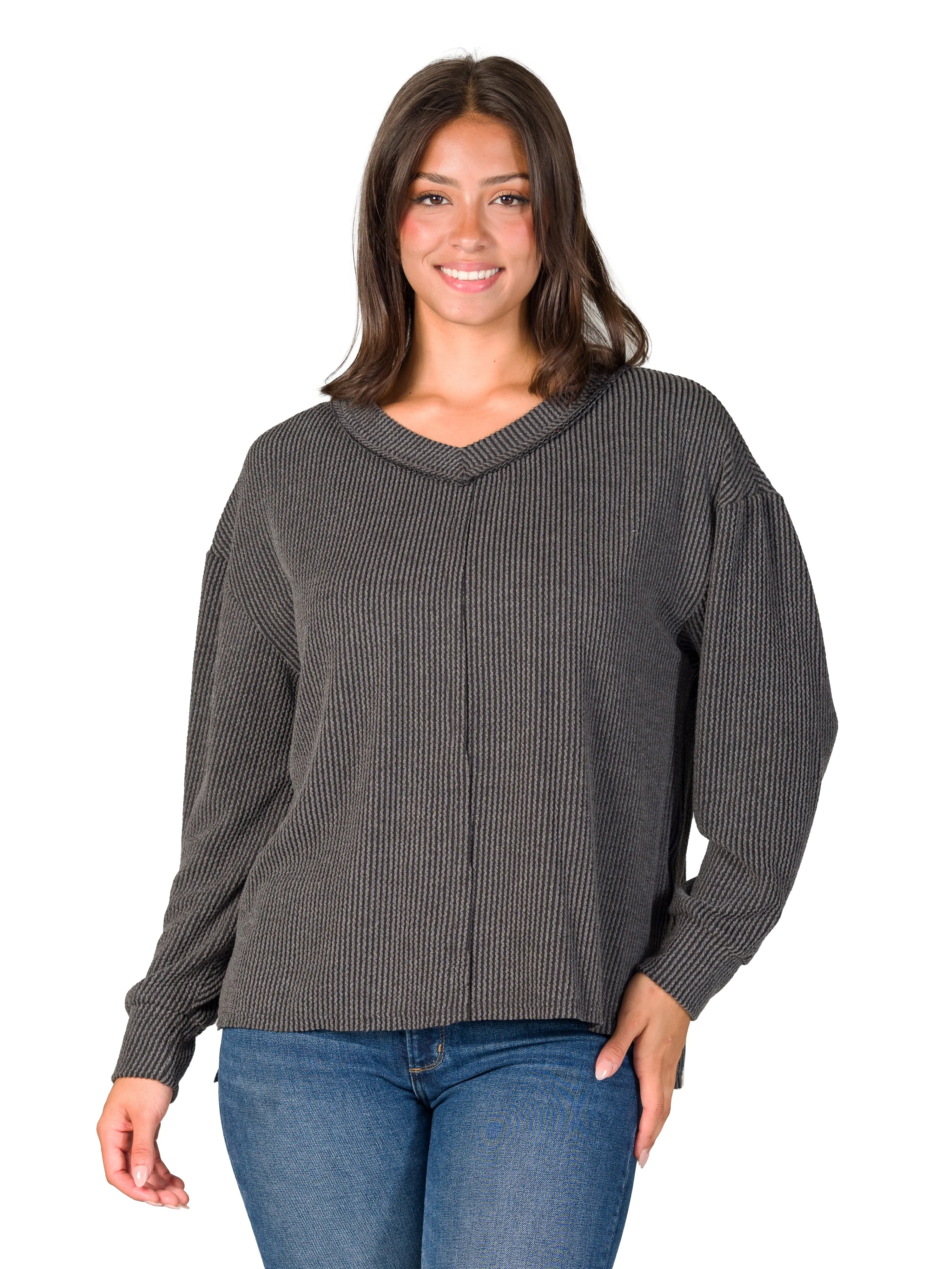 24seven Comfort Apparel Relaxed Fit Ribbed Knit V Neck Sweater Top sold by 24/7 Comfort Apparel