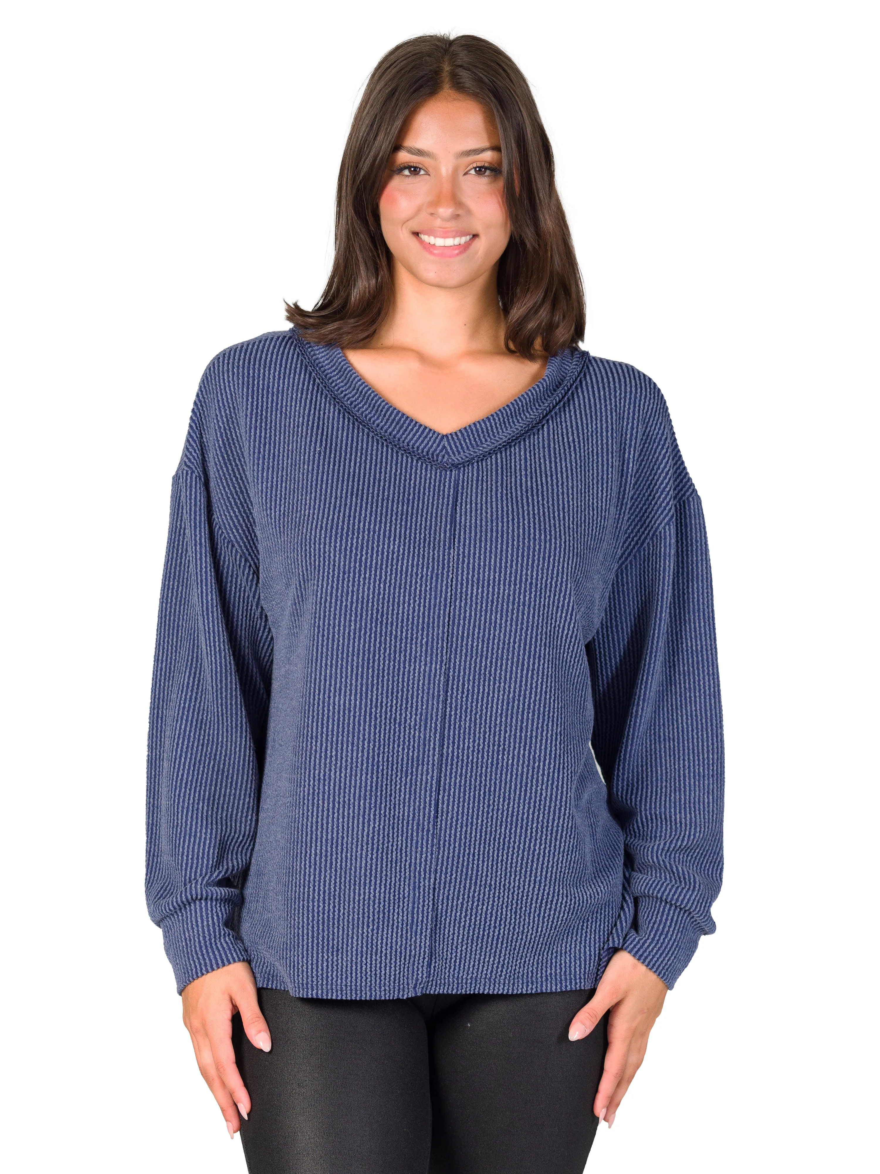 24seven Comfort Apparel Relaxed Fit Ribbed Knit V Neck Sweater Top sold by 24/7 Comfort Apparel product image thumbnail 2