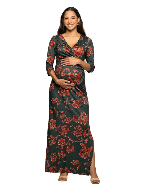 Maternity Green Floral Print Three Quarter Sleeve Side Slit Maxi Dress sold by 24/7 Comfort Apparel