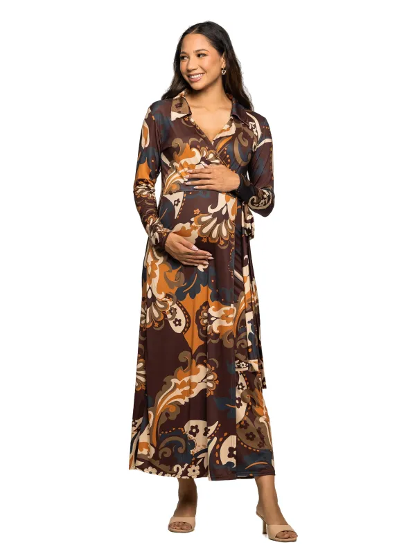 Maternity Brown paisley Empire Waist Maxi Dress sold by 24/7 Comfort Apparel