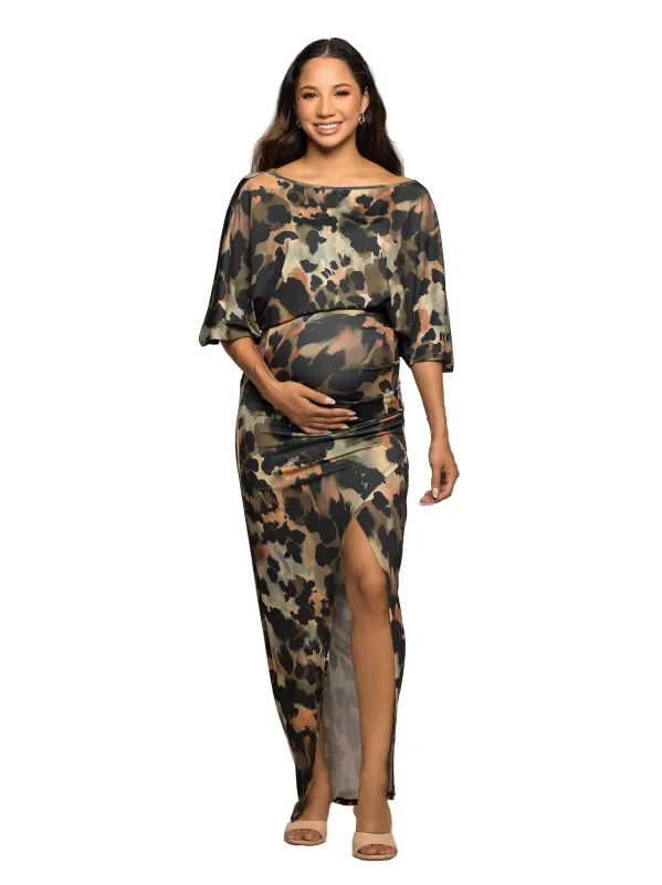Maternity Green Abstract Print Batwing Sleeve Maxi Dress with Slit sold by 24/7 Comfort Apparel