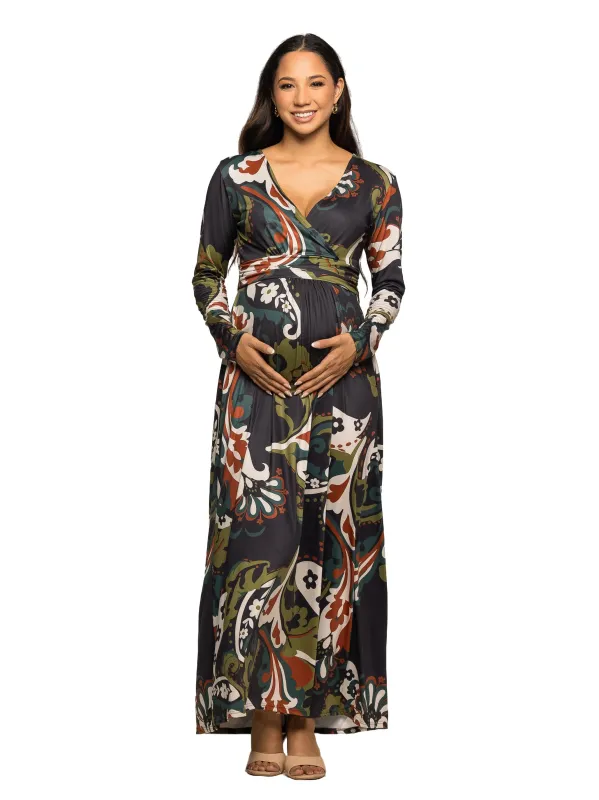 Maternity Green Paisley Print Long Sleeve Wrap Maxi Dress sold by 24/7 Comfort Apparel