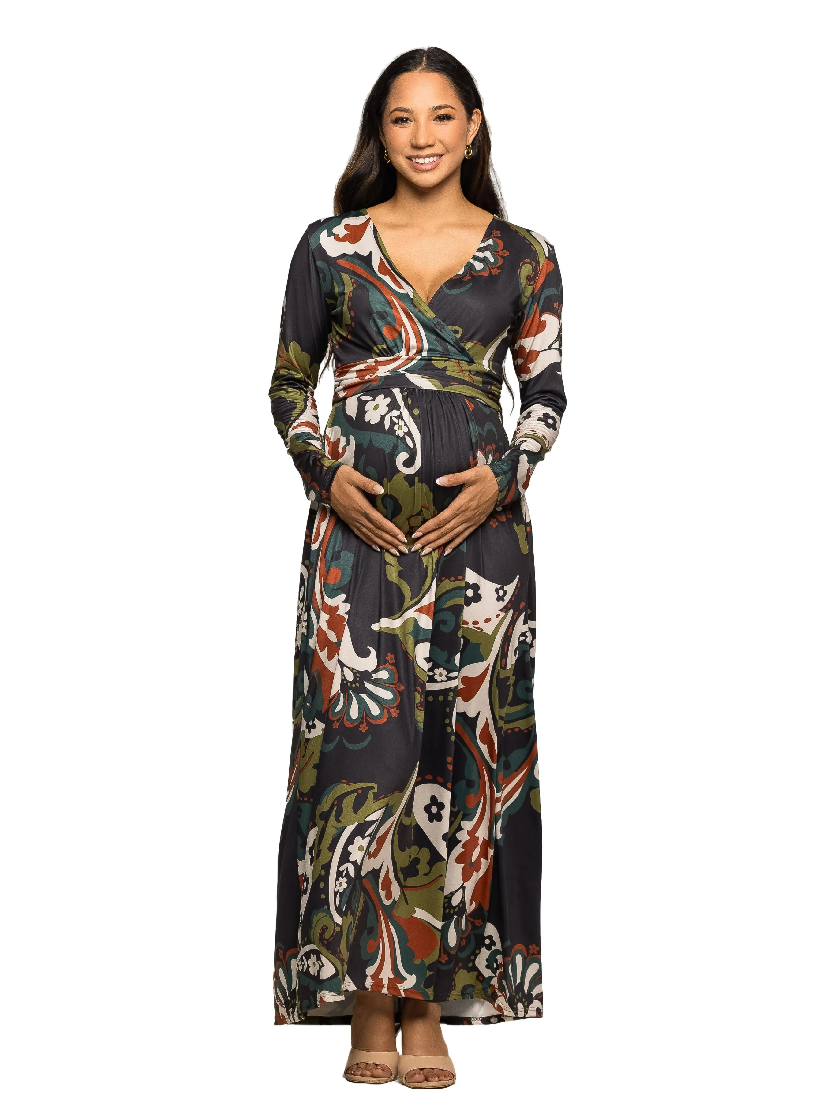 Maternity Green Paisley Print Long Sleeve Wrap Maxi Dress sold by 24/7 Comfort Apparel
