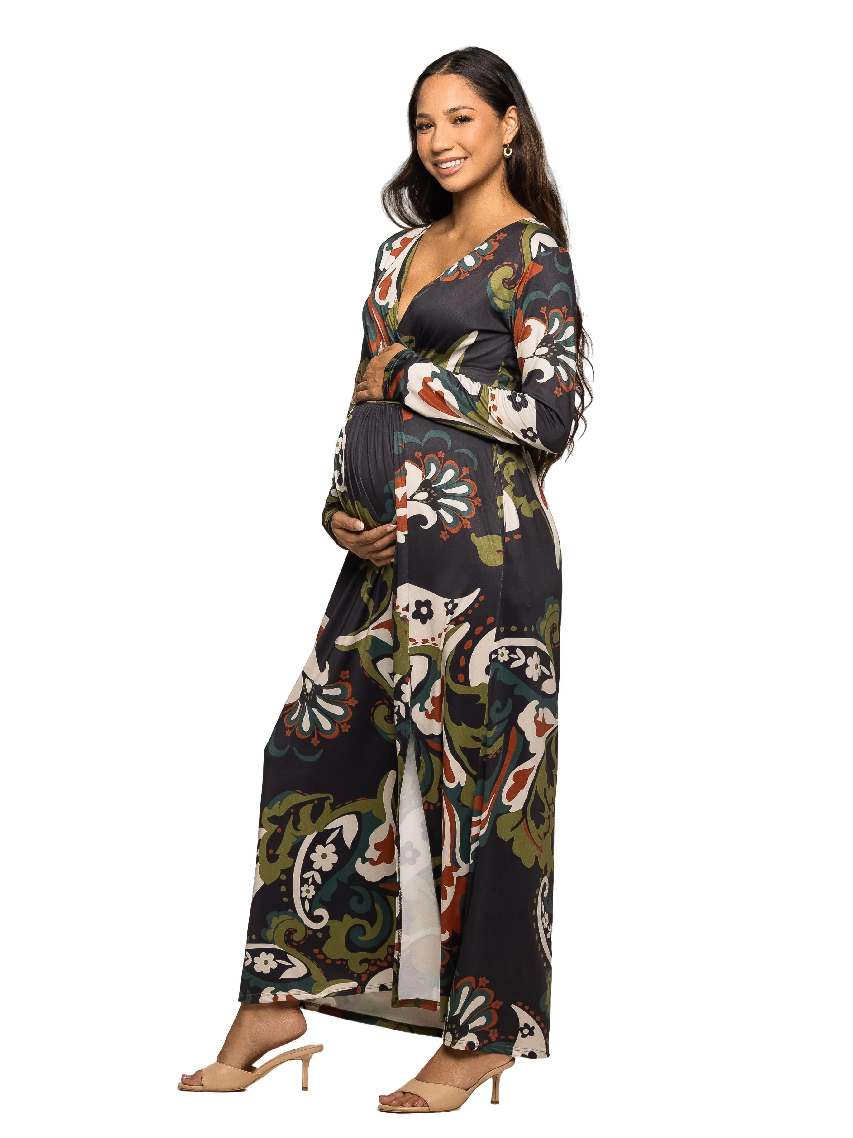 Maternity Green Paisley Print Long Sleeve Wrap Maxi Dress sold by 24/7 Comfort Apparel product image thumbnail 2