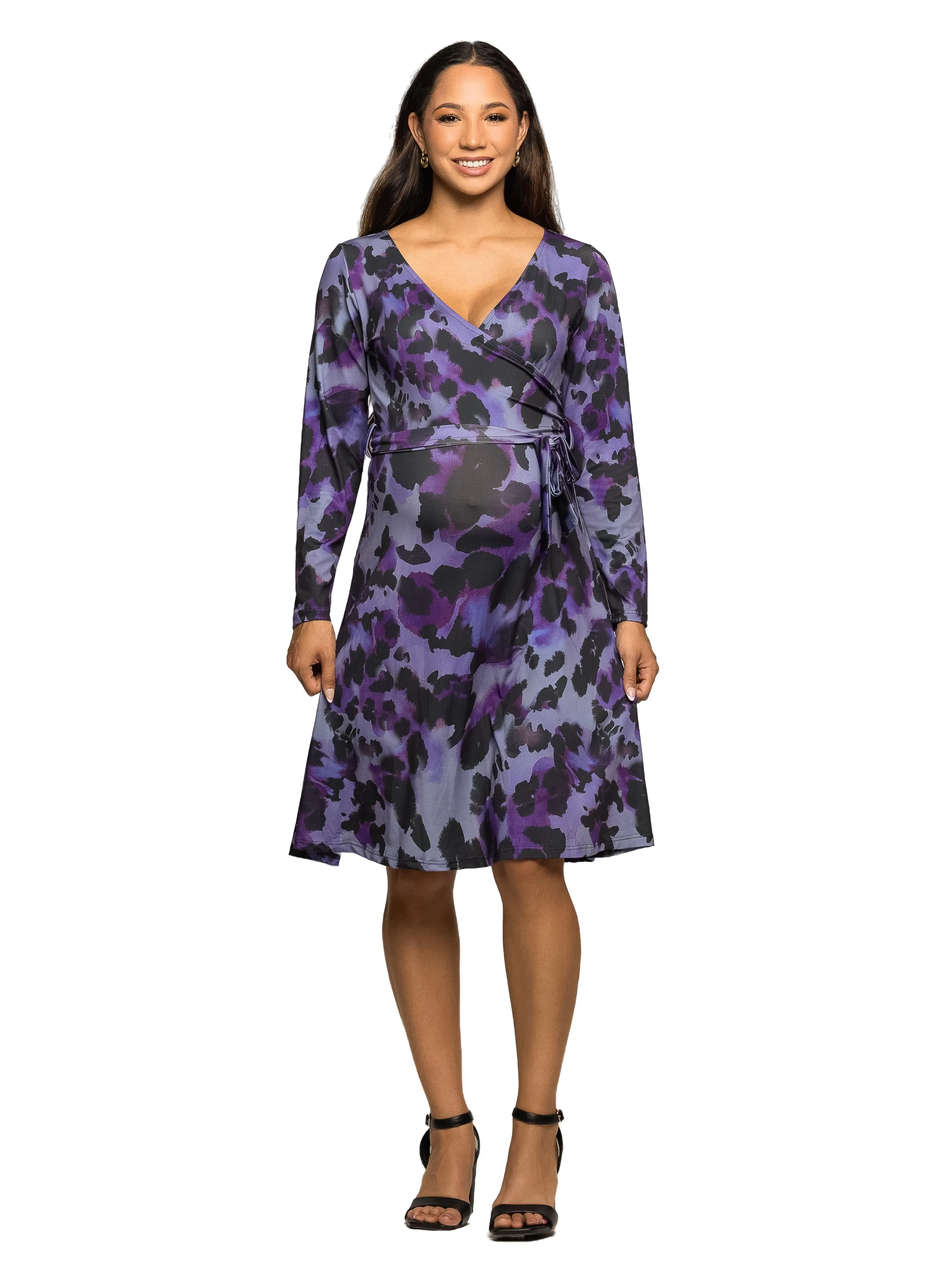 Maternity Long Sleeve Wrap Dress with Belt in Purple Black Print sold by 24/7 Comfort Apparel