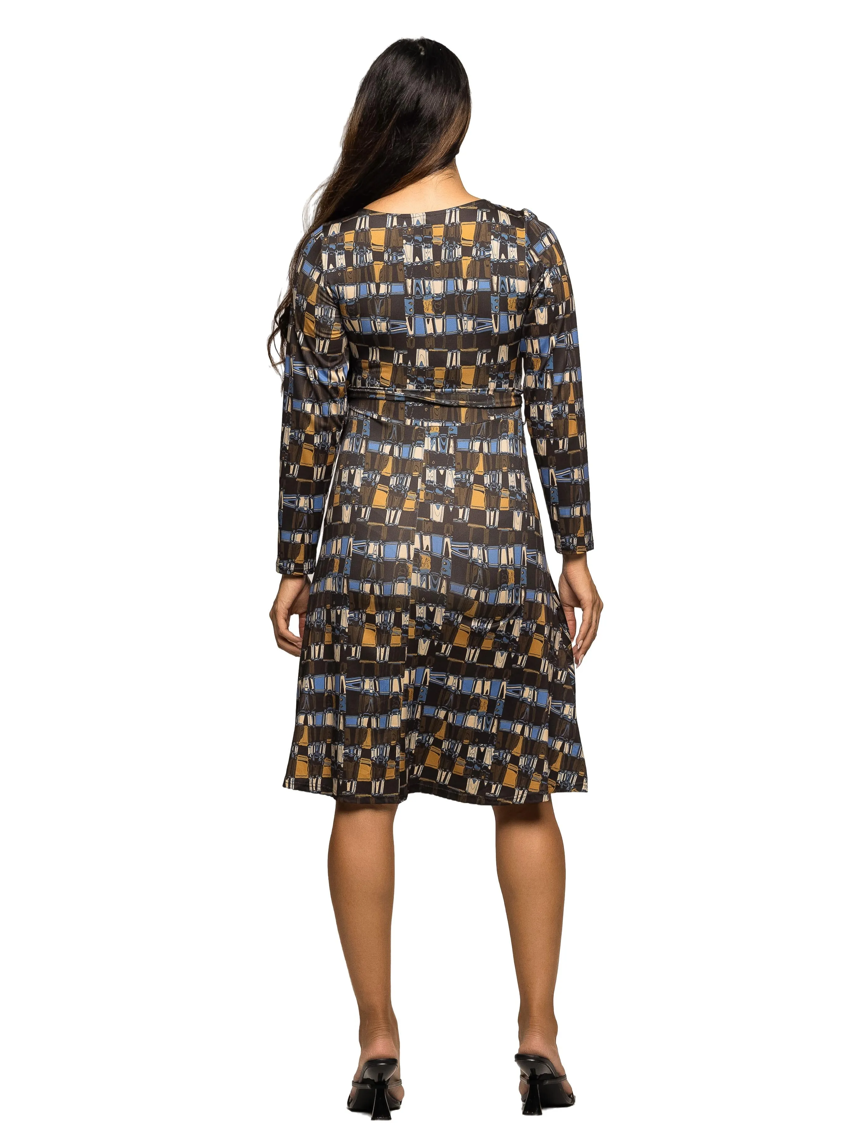 Maternity Long Sleeve Wrap Dress with Belt in Brown Blue Geometric Print sold by 24/7 Comfort Apparel product image thumbnail 3
