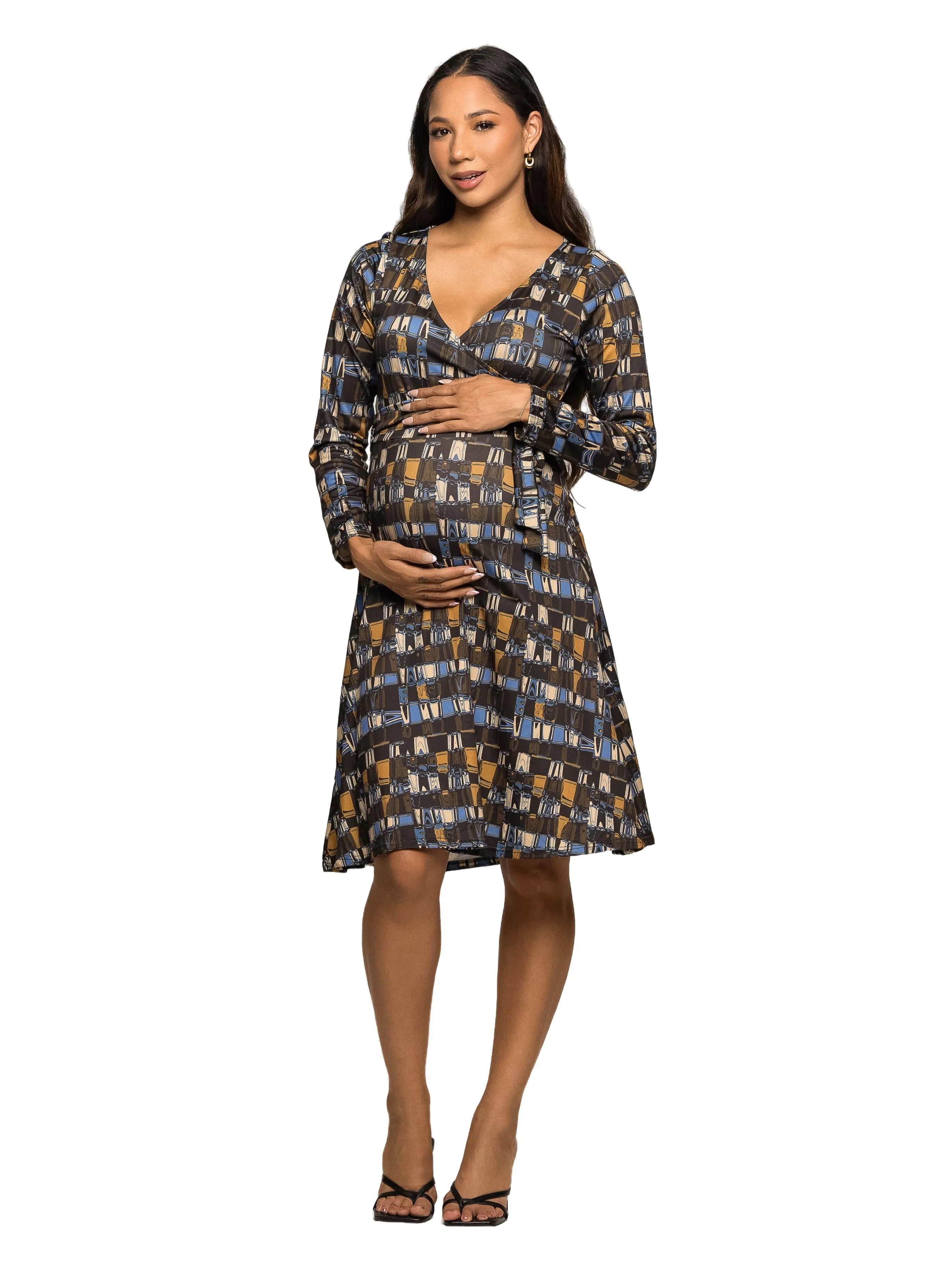 Maternity Long Sleeve Wrap Dress with Belt in Brown Blue Geometric Print sold by 24/7 Comfort Apparel