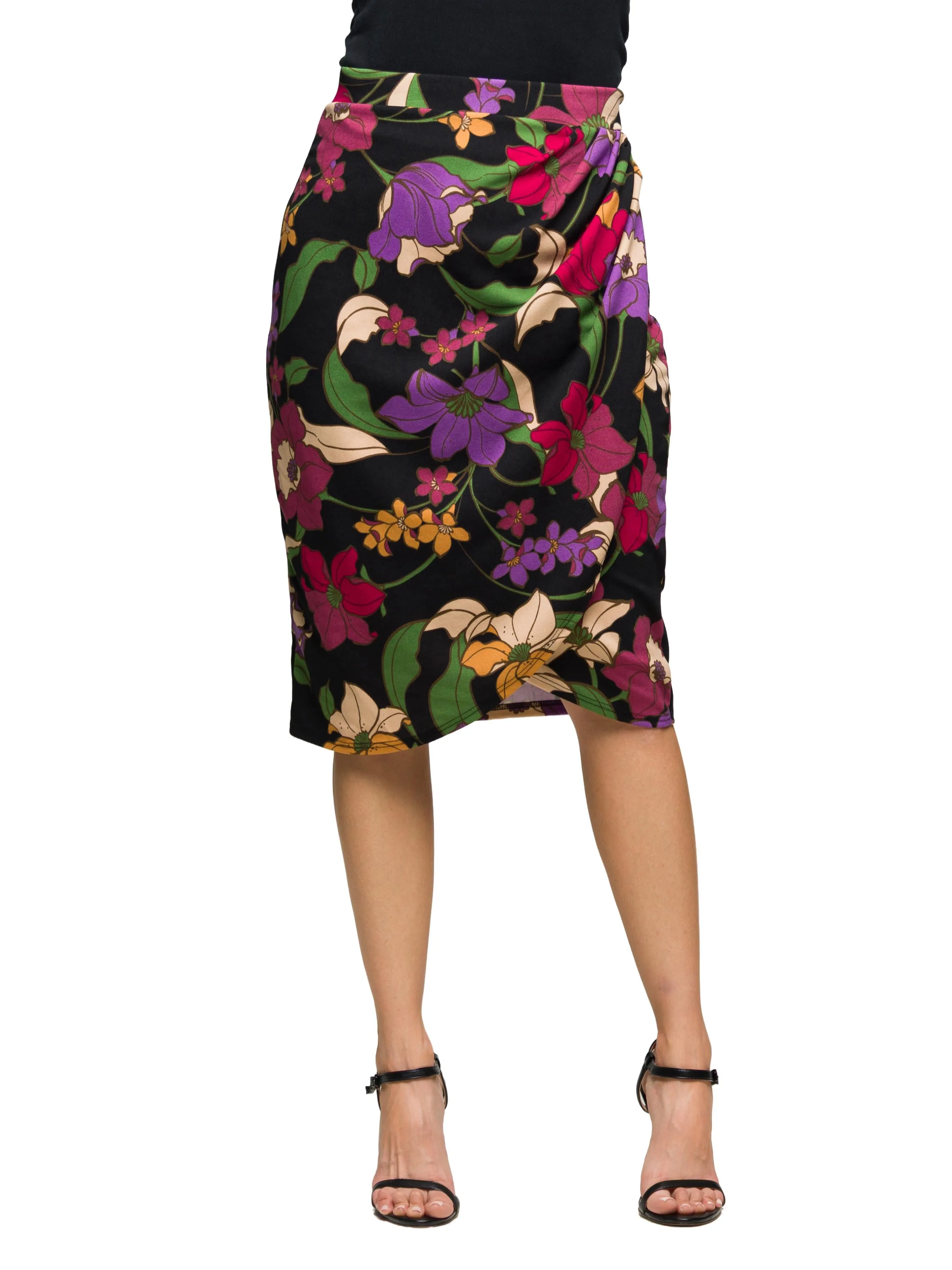 Essential Womens Black Multi Floral Print Midi Pencil Skirt sold by 24/7 Comfort Apparel
