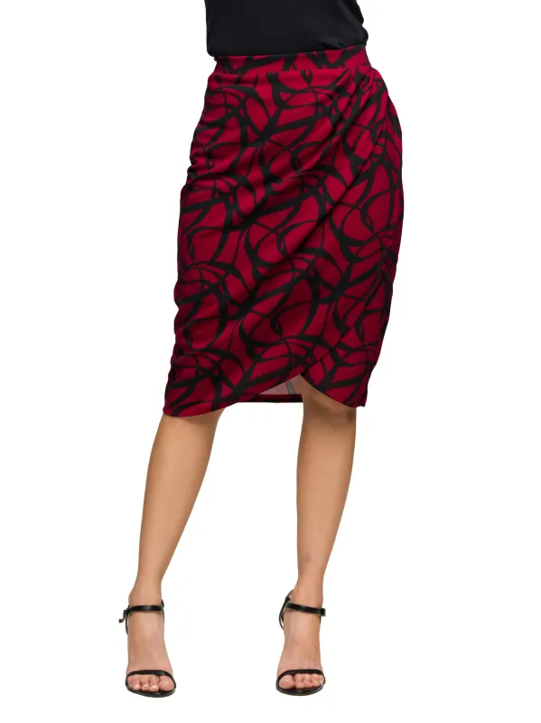 24seven Comfort Apparel Burgundy Print Ruched Knee Length Skirt sold by 24/7 Comfort Apparel