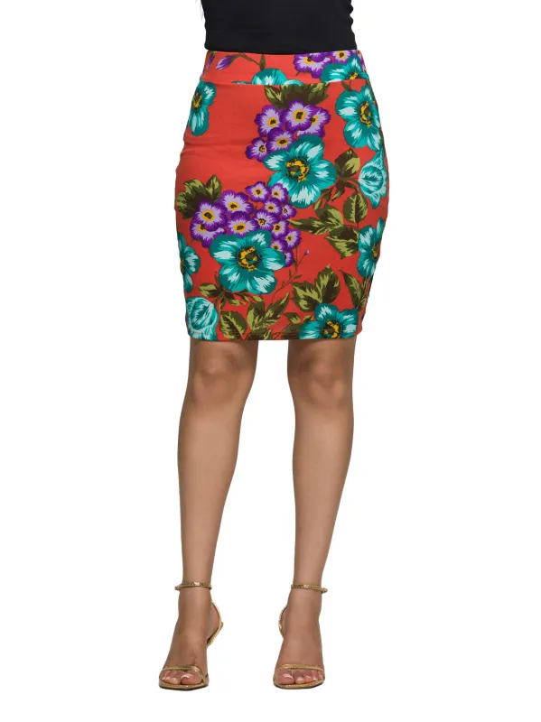 24seven Comfort Apparel Orange Floral Print Knee Length Pencil Skirt sold by 24/7 Comfort Apparel