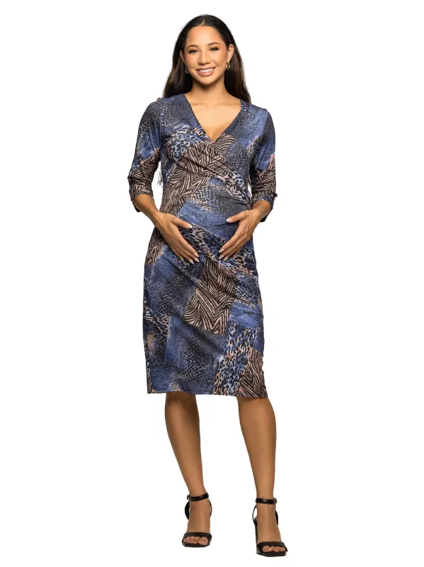 Maternity Three Quarter Sleeve Faux Wrap Dress in Blue Animal Print sold by 24/7 Comfort Apparel
