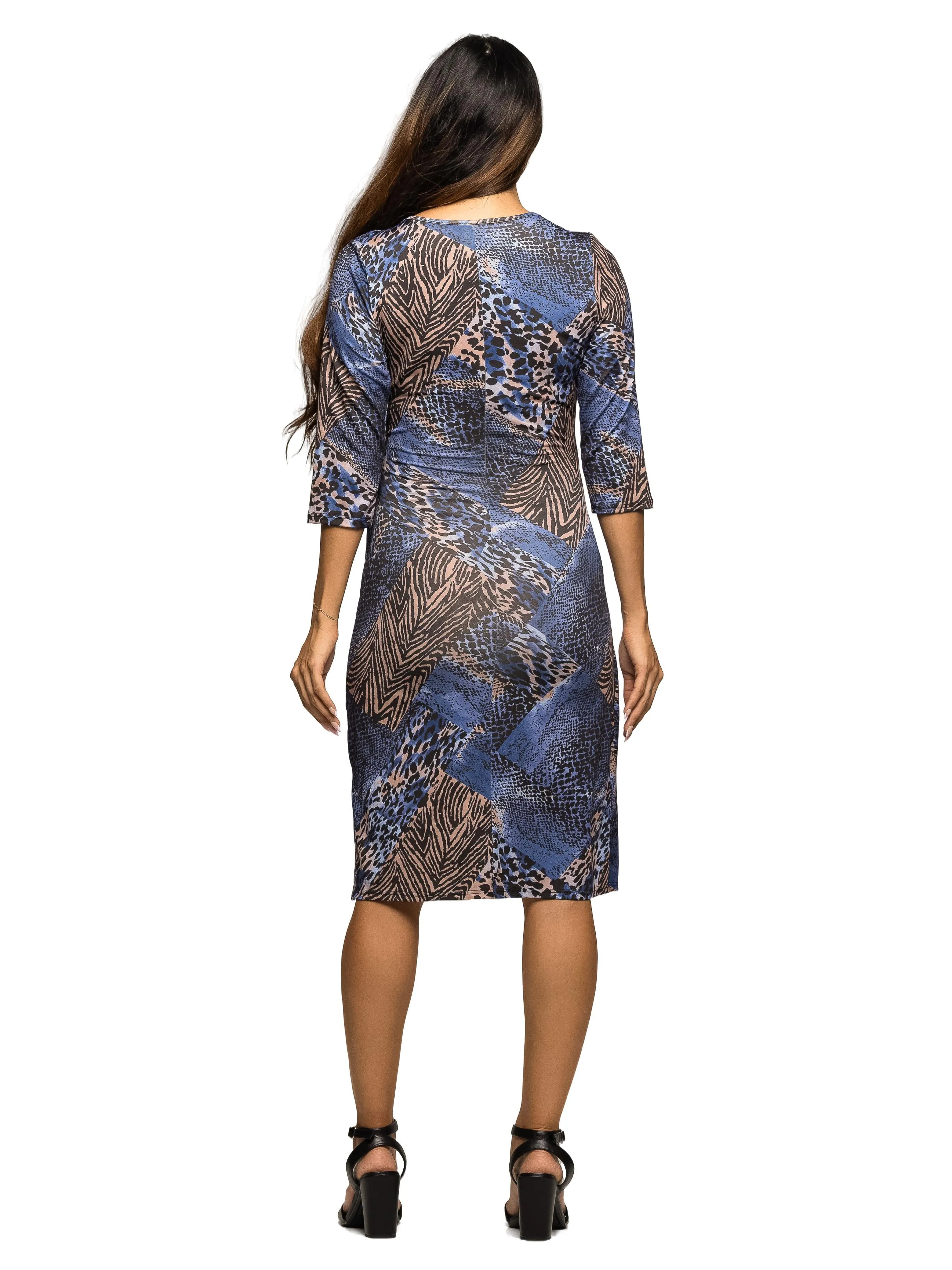 Maternity Three Quarter Sleeve Faux Wrap Dress in Blue Animal Print sold by 24/7 Comfort Apparel product image thumbnail 3