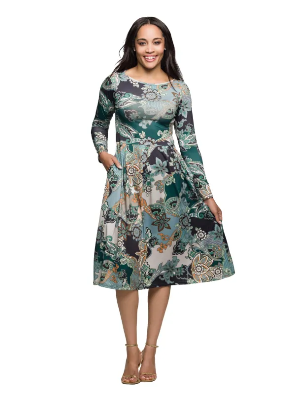 24seven Comfort Apparel Long Sleeve Midi Dress in Teal Paisley Floral Print sold by 24/7 Comfort Apparel