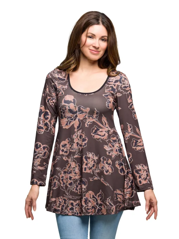 24seven Comfort Apparel Brown Floral Print Long Sleeve Tunic Top sold by 24/7 Comfort Apparel