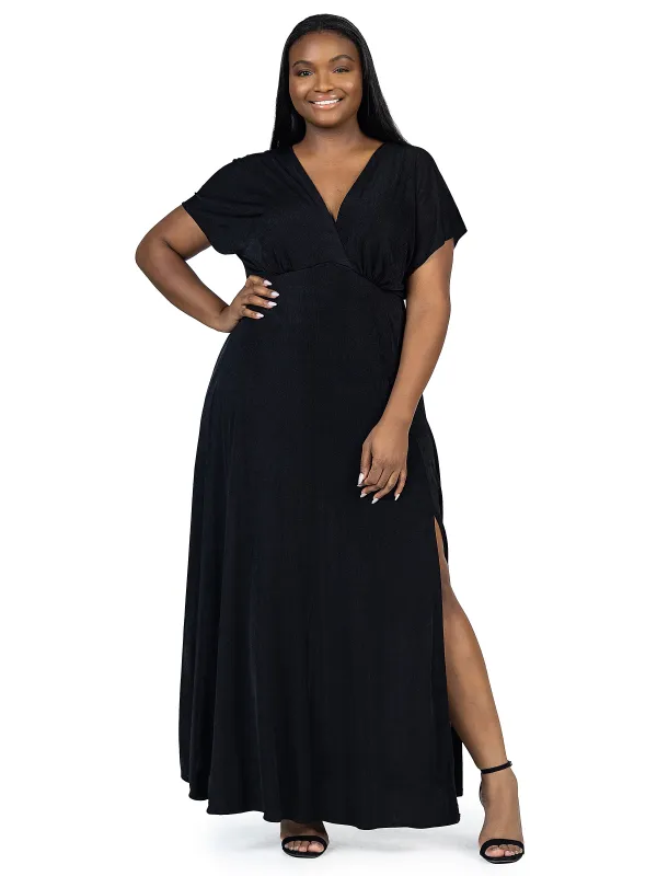 24seven Comfort Apparel Plus Size Flutter Sleeve Metallic Knit Maxi Dress Front Slit Empire Waist sold by 24/7 Comfort Apparel