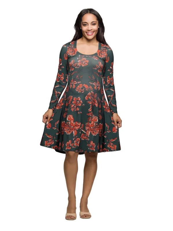 Long Sleeve Fit and Flare Dress in Green Orange Floral Print sold by 24/7 Comfort Apparel