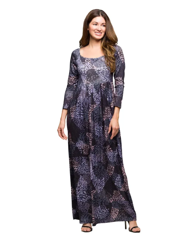 24seven Comfort Apparel Long Sleeve Empire Waist Maxi Dress in Grey Print sold by 24/7 Comfort Apparel