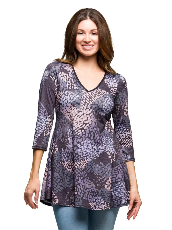 24seven Comfort Apparel Gray Abstract Print V Neck three quarter Sleeve Tunic Top sold by 24/7 Comfort Apparel