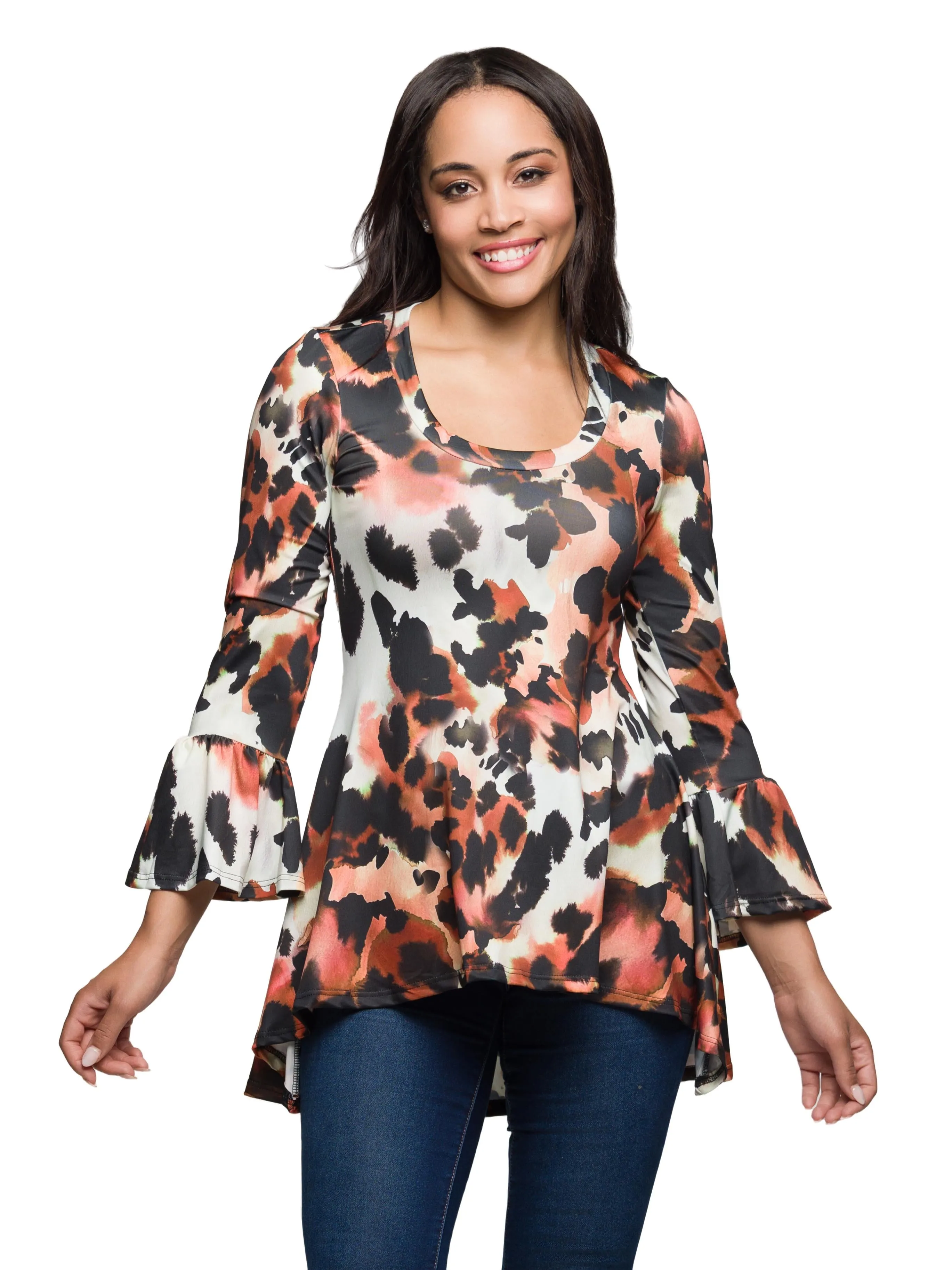 24seven Comfort Apparel Scoop Neck Bell Sleeve Tunic Top Animal Print sold by 24/7 Comfort Apparel