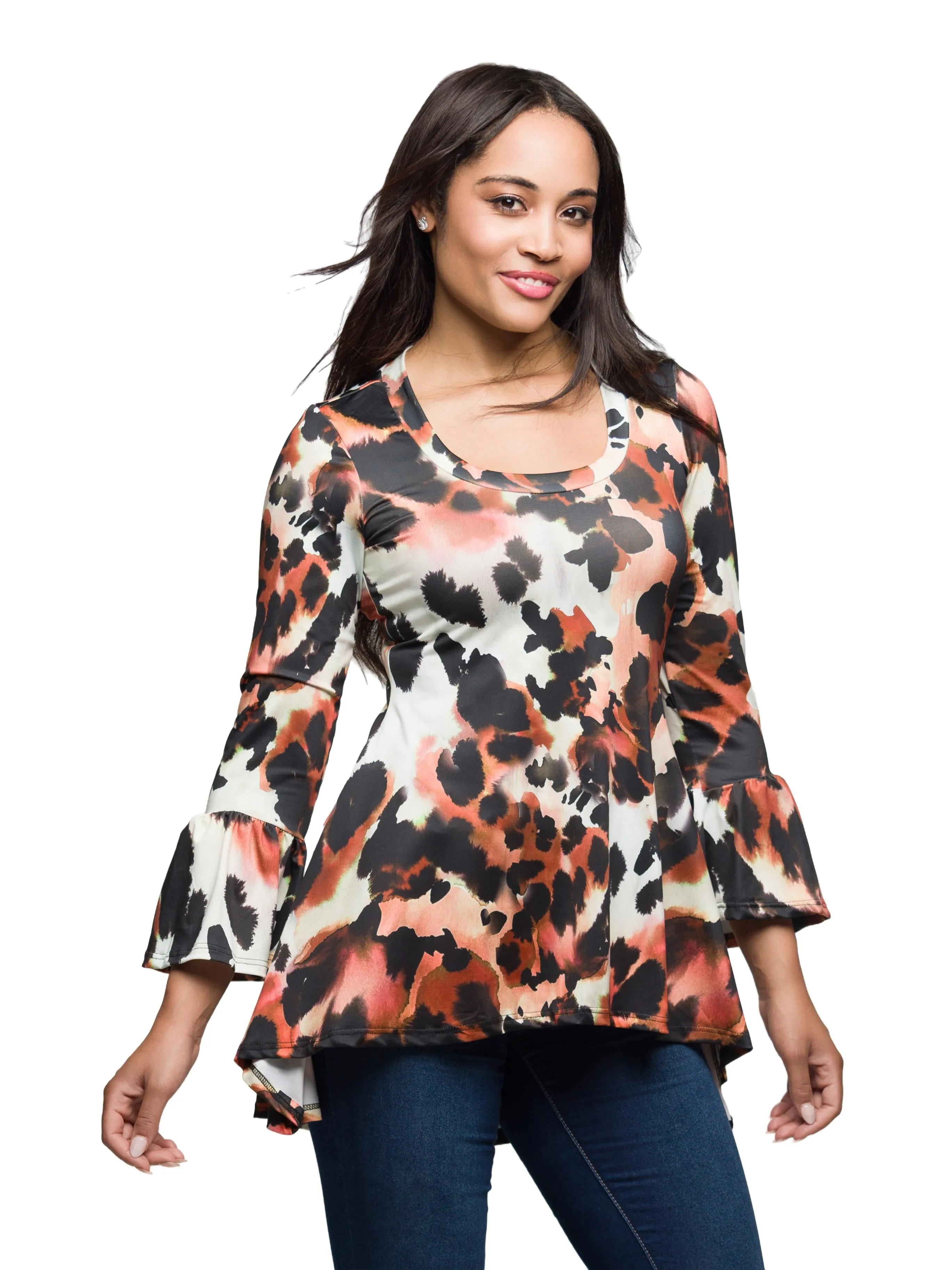 24seven Comfort Apparel Scoop Neck Bell Sleeve Tunic Top Animal Print sold by 24/7 Comfort Apparel product image thumbnail 2