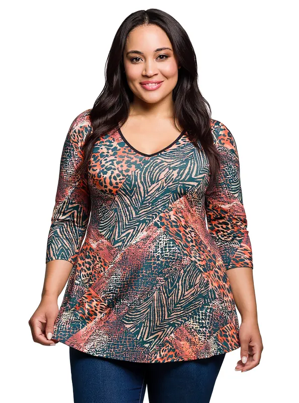 24seven Comfort Apparel Plus Size Animal Print V Neck Three Quarter Sleeve Tunic Top sold by 24/7 Comfort Apparel