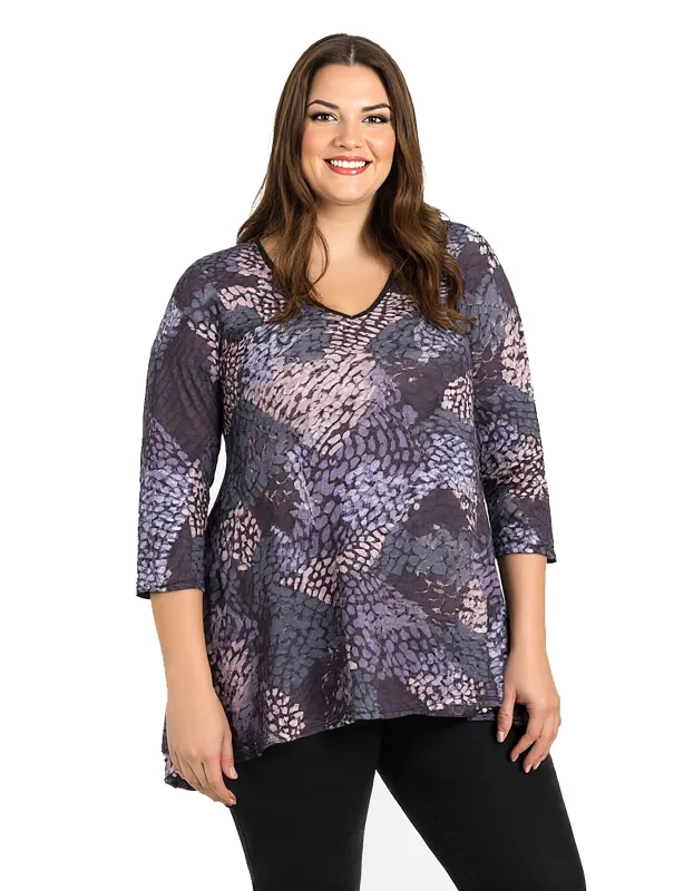 24seven Comfort Apparel Plus Size Gray Abstract Print V Neck three quarter Sleeve Tunic Top sold by 24/7 Comfort Apparel