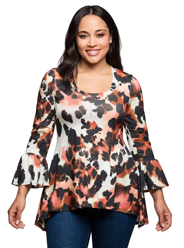 24seven Comfort Apparel Plus Size Scoop Neck Bell Sleeve Tunic Top Animal Print sold by 24/7 Comfort Apparel
