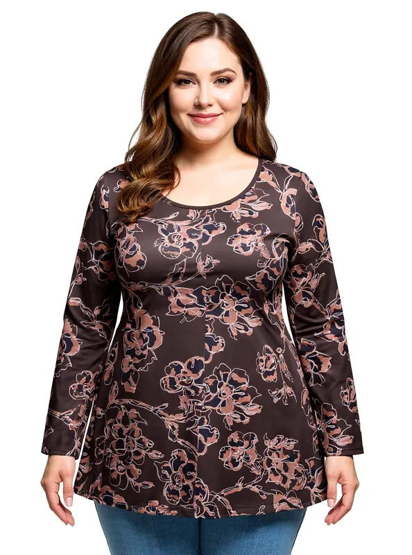 24seven Comfort Apparel Plus Size Brown Floral Print Long Sleeve Tunic Top sold by 24/7 Comfort Apparel