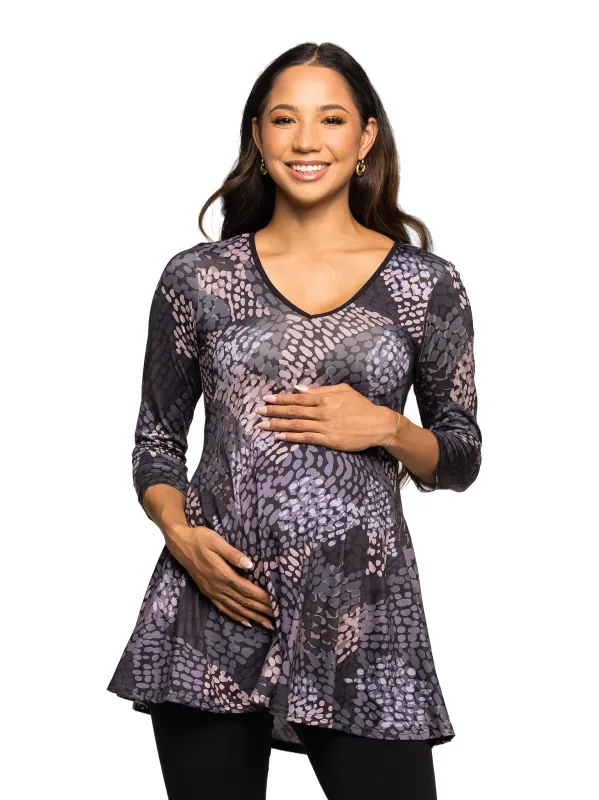 Maternity Gray Abstract Print V Neck three quarter Sleeve Tunic Top sold by 24/7 Comfort Apparel