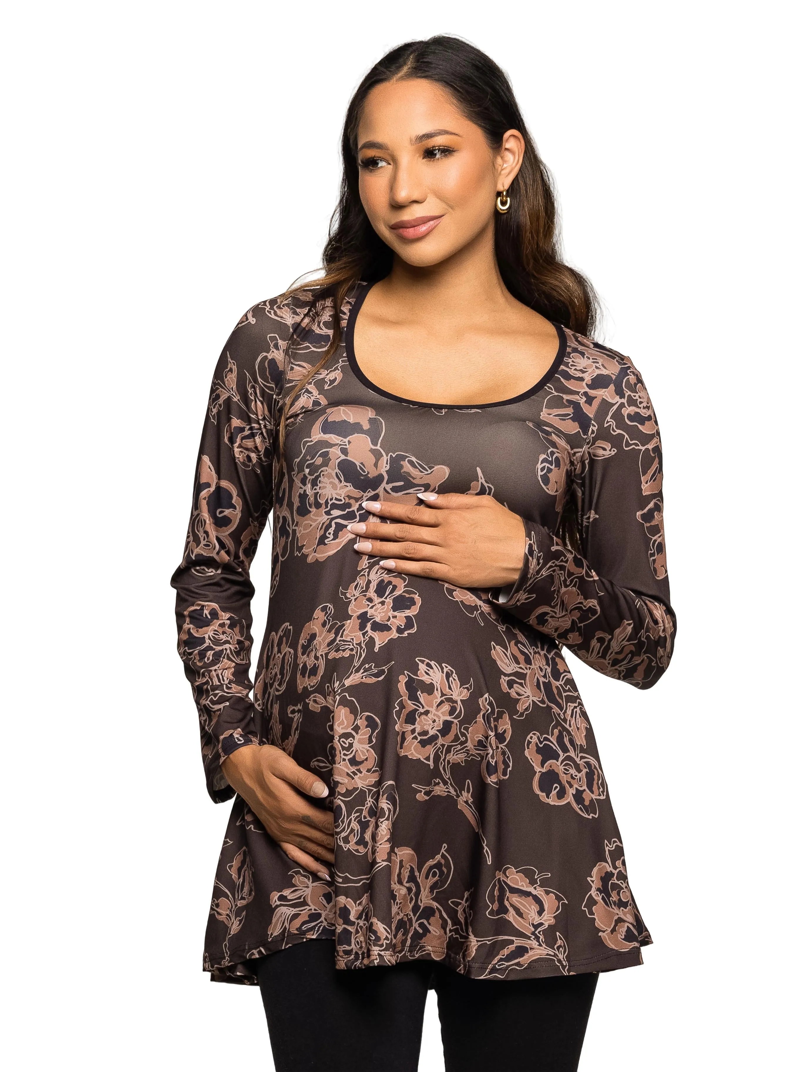 Maternity Brown Floral Print Long Sleeve Tunic Top sold by 24/7 Comfort Apparel
