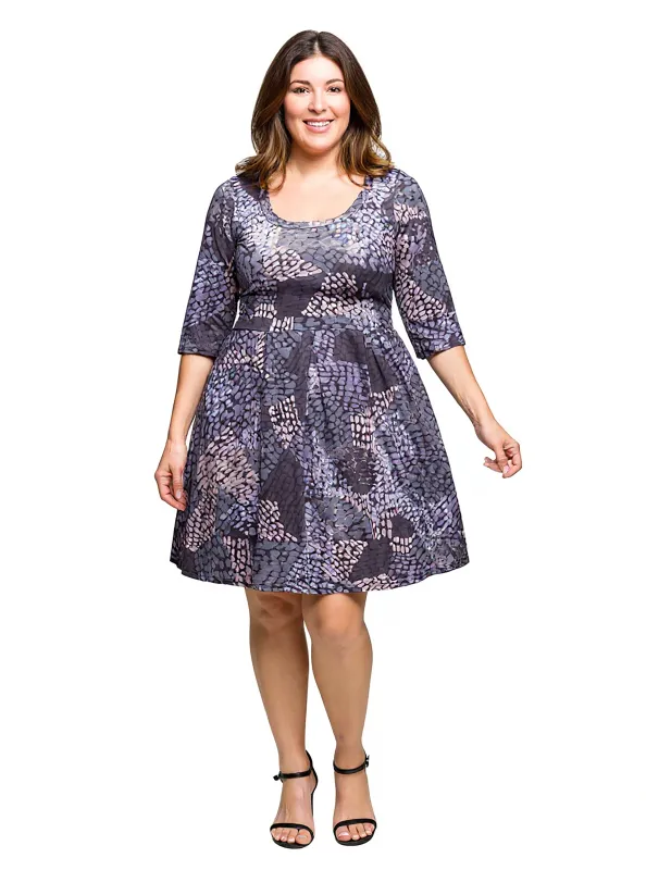 24seven Comfort Apparel Plus Size Three Quarter Sleeve Fit and Flare Dress in Grey Print sold by 24/7 Comfort Apparel