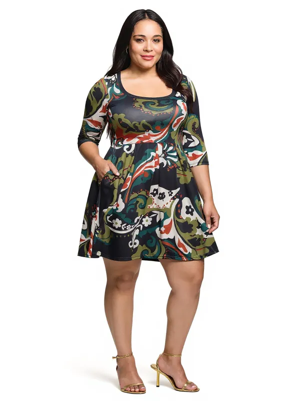 24seven Comfort Apparel Plus Size Three Quarter Sleeve Fit and Flare Dress in Green Multi Paisley Print sold by 24/7 Comfort Apparel