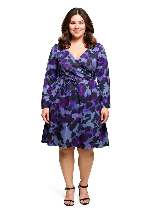 24seven Comfort Apparel Plus Size Long Sleeve Wrap Dress with Belt in Purple Black Print sold by 24/7 Comfort Apparel