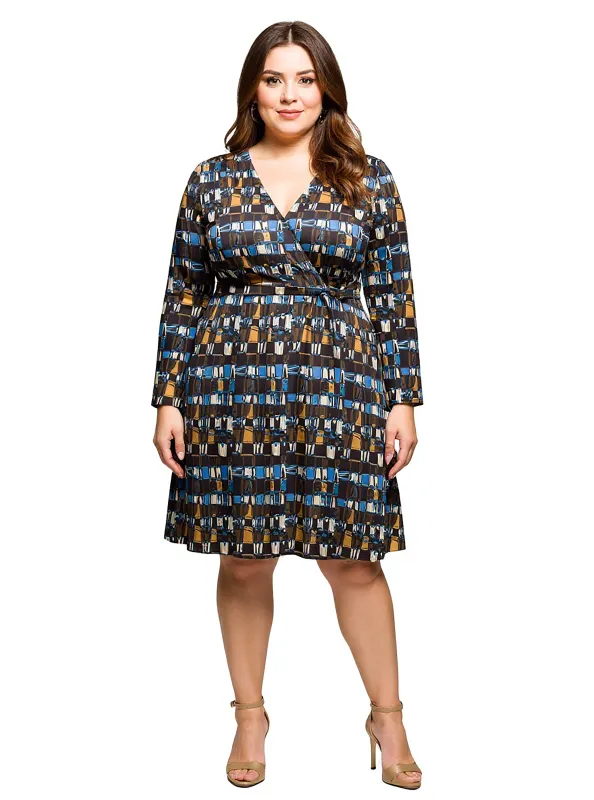24seven Comfort Apparel Plus Size Long Sleeve Wrap Dress with Belt in Brown Blue Geometric Print sold by 24/7 Comfort Apparel