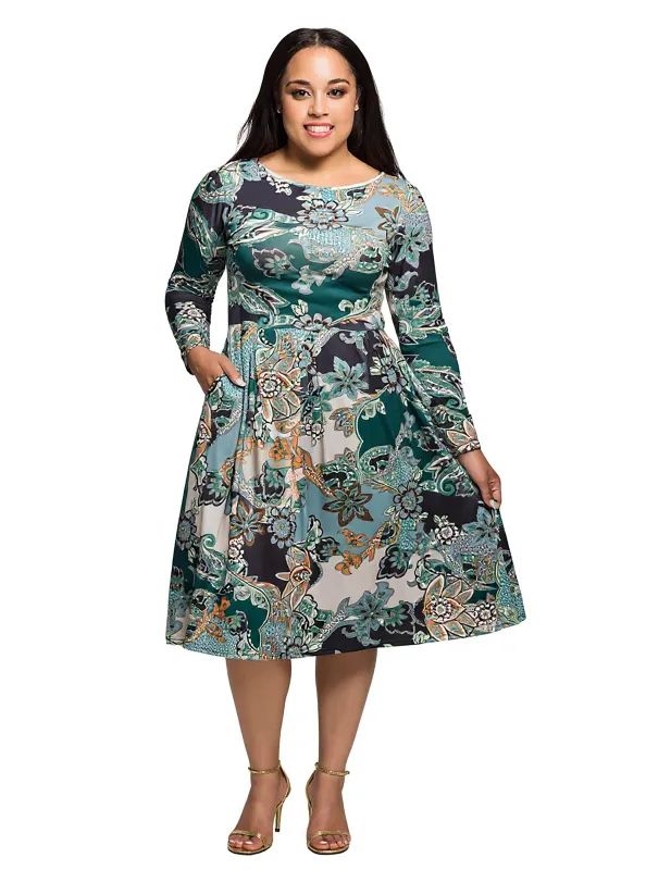 24seven Comfort Apparel Plus Size Long Sleeve Midi Dress in Teal Paisley Floral Print sold by 24/7 Comfort Apparel