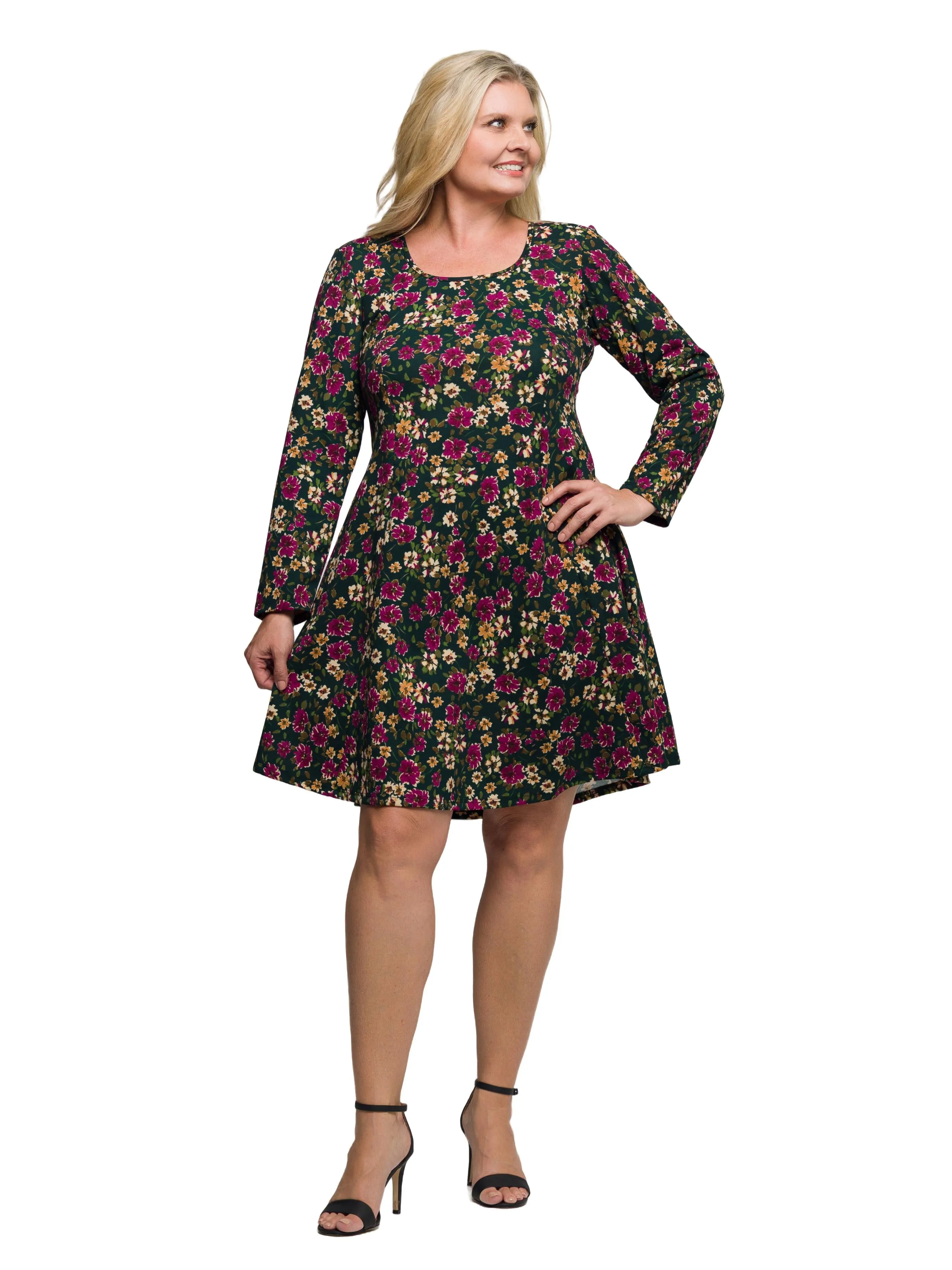 24seven Comfort Apparel Plus Size Floral Print Long Sleeve Fit and Flare Mini Dress sold by 24/7 Comfort Apparel product image thumbnail 5