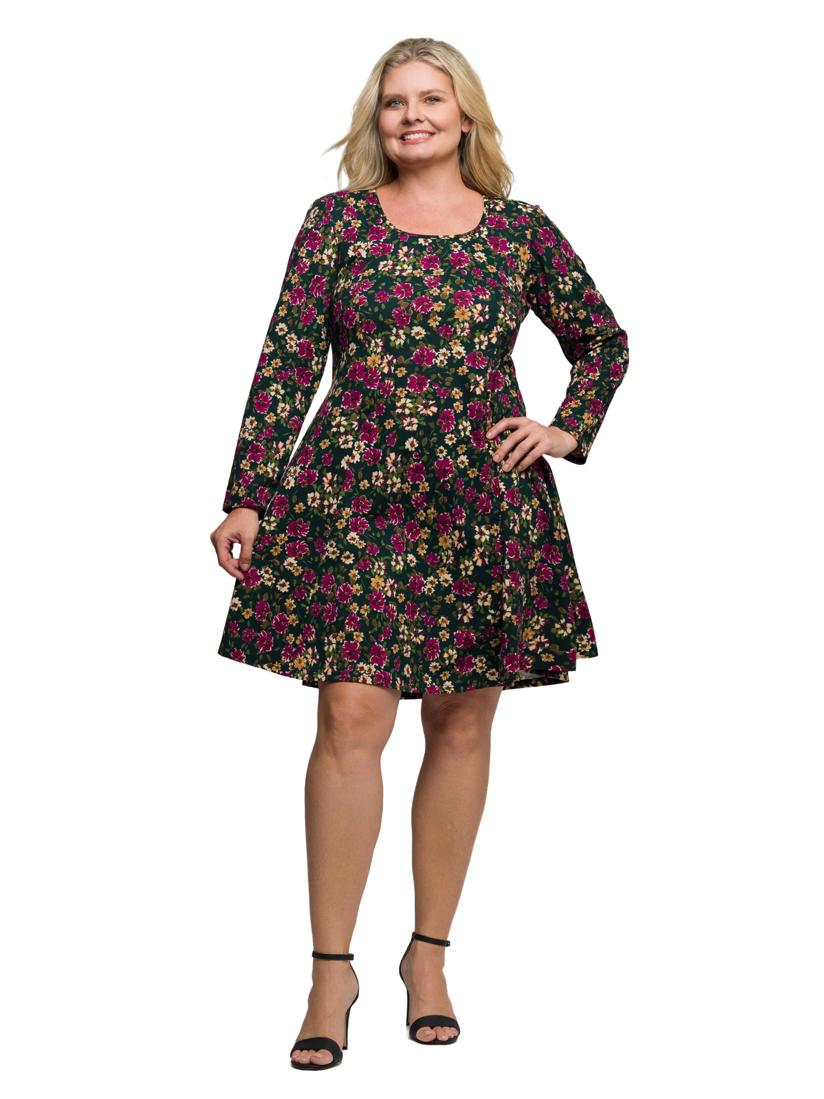 24seven Comfort Apparel Plus Size Floral Print Long Sleeve Fit and Flare Mini Dress sold by 24/7 Comfort Apparel product image thumbnail 2