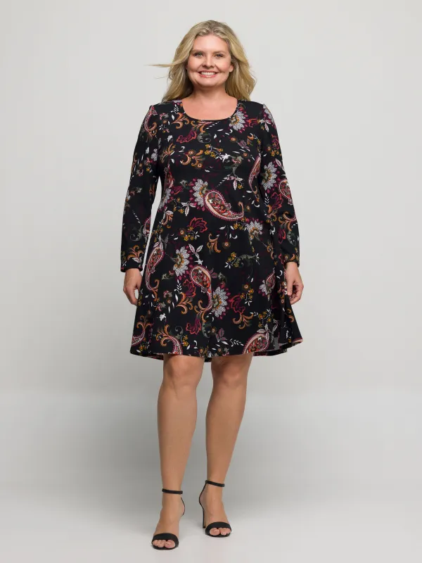 24seven Comfort Apparel Plus Size Black Paisley Print Long Sleeve Fit and Flare Dress sold by 24/7 Comfort Apparel