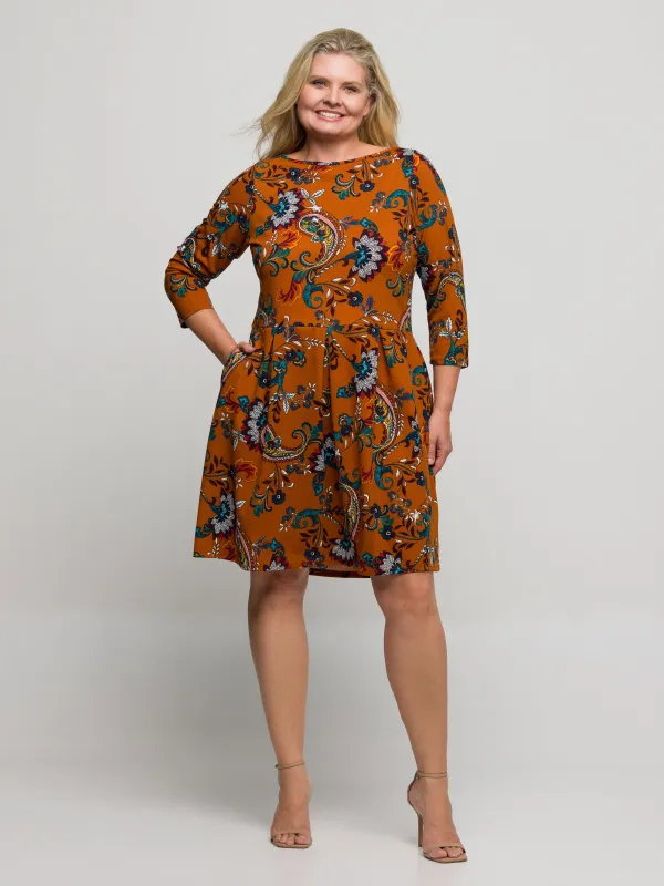 24seven Comfort Apparel Plus Size Rust Paisley Print Fit Flare Knee Length Dress sold by 24/7 Comfort Apparel