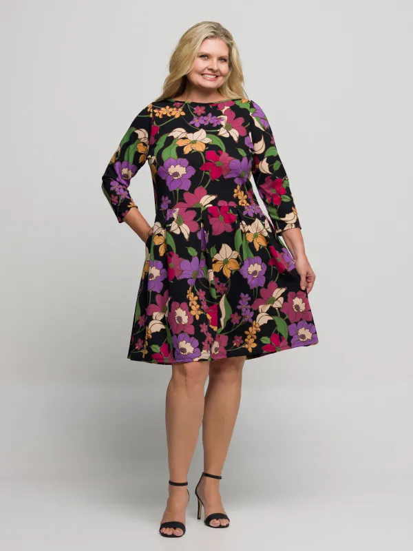 Plus Size Black Multicolor Floral Fit and Flare Pocket Knee Length Dress sold by 24/7 Comfort Apparel